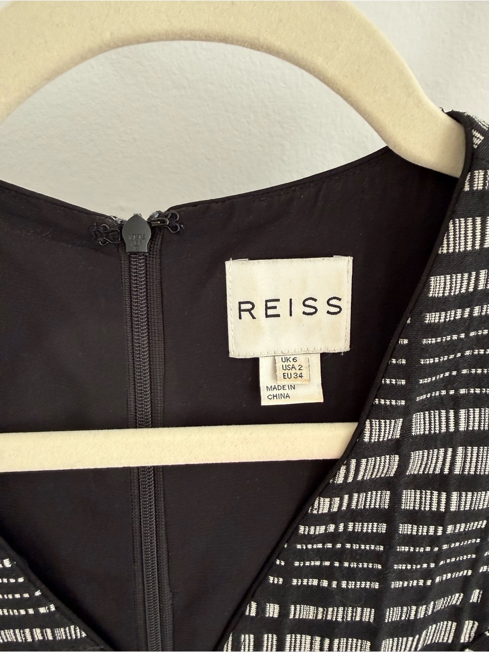 Reiss Black and White Textured V-Neck Dress